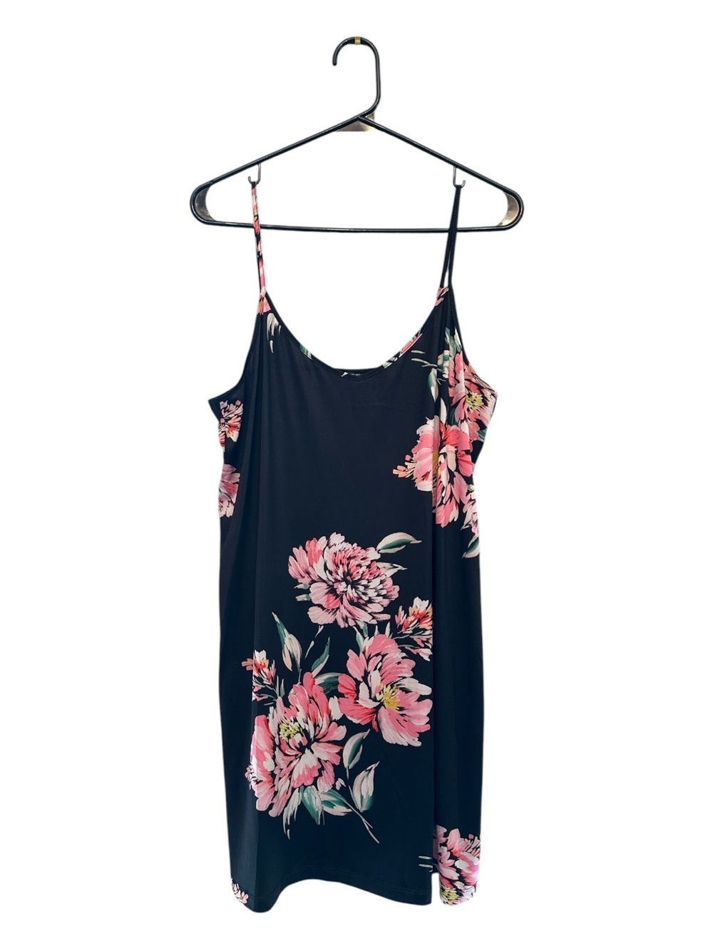 Y2K Vibes Black Flowy Mini Slip Dress with Pink Floral Print Size Medium